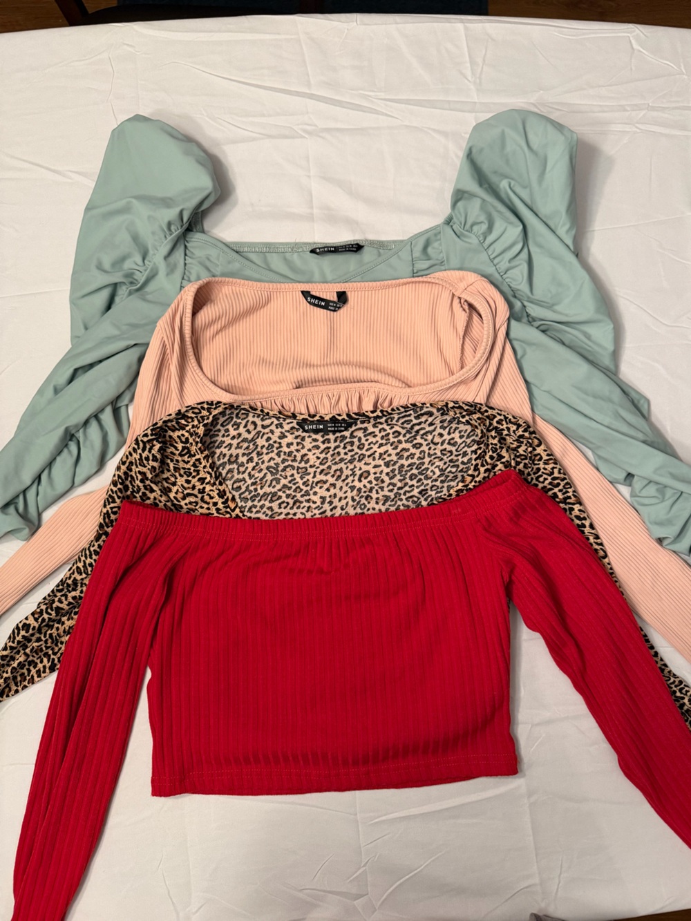 SHEIN Off-Shoulder Sweater Tops in Red, Blush, Sage & Leopard